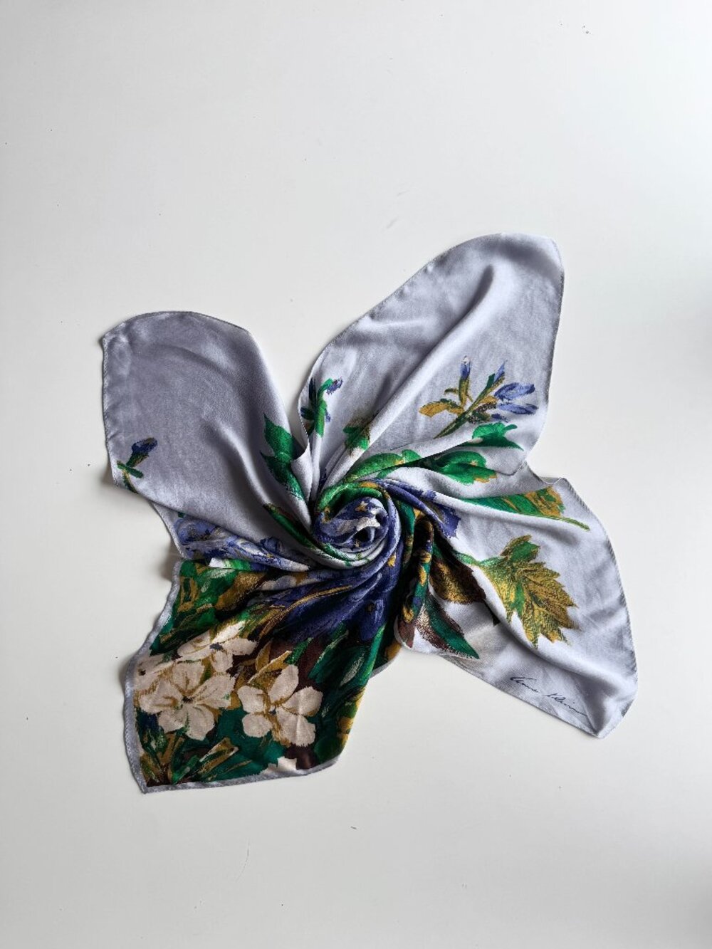 Vintage ANNE KLEIN Blue Floral 100% Silk Charmeuse 30" x 27" Square Scarf